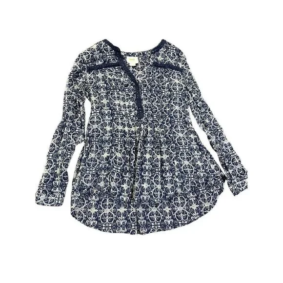 Anthropologie MaEve Abella Pintuck Blue Print Blouse sz 0 - Picture 2 of 11